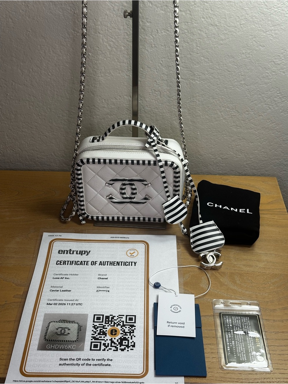 CHANEL White Quilted Crossbody Vanity Bag with Black Stripe Trim